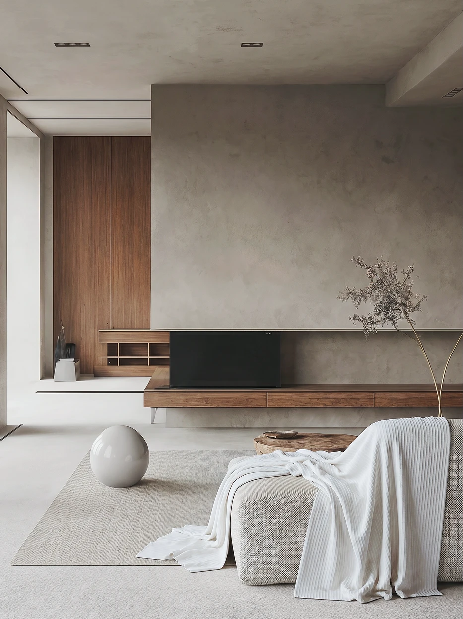 Minimalist full living room furnishing layout shot, BERLIN white ribbed stripe throw draped on modular fabric sofa, matched with micro-cement wall and walnut floating TV cabinet, delicate vertical stripe adds soft layered texture to plain hard interior, perfect decor for large flat apartment, villa living room, homestay lounge, neutral cream tone interior styling