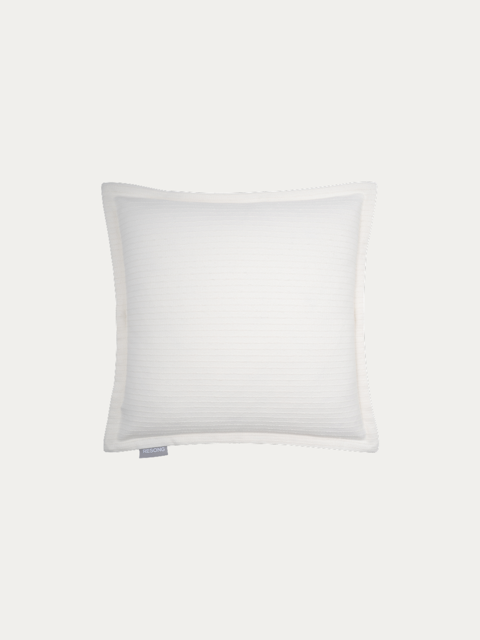 Official flat lay product shot of BERLIN white stripe cushion on pure off-white background, square 450x450 cushion with delicate vertical ribbed stripe texture, minimalist finished edge without tassel fringes, cover blended fabric of 12% wool,18% acrylic,viscose and polyester, filled with 100% natural goose feathers, soft lightweight multi-purpose decorative cushion, ideal for sofa, bed head, window bench, lounge chair, fits wabi-sabi, Japanese, minimalist, cream, mid-century interior decor