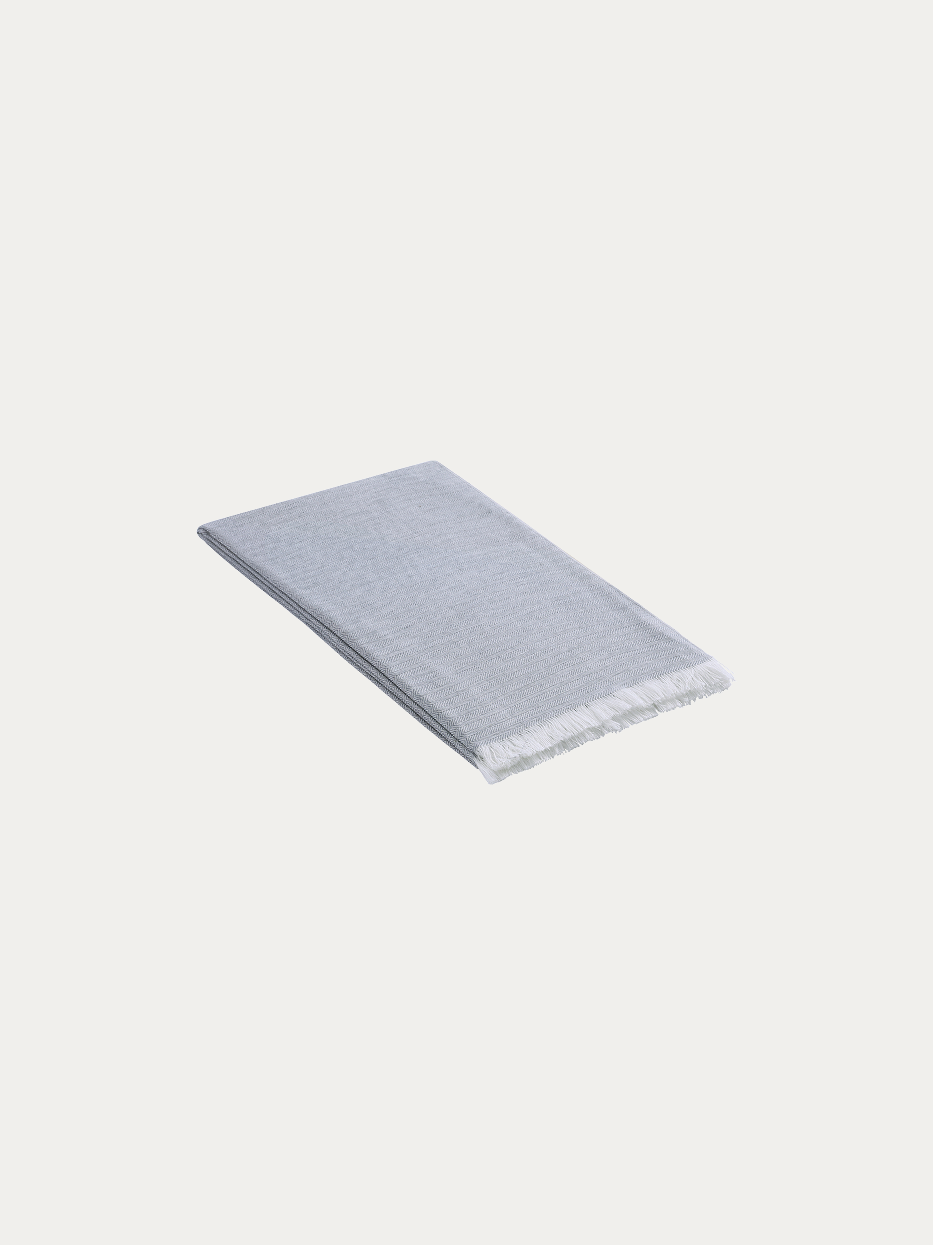 Official flat lay product shot of CHENZHI gray wool blanket on pure off-white background, oversized 1400x2200cm throw blanket with delicate herringbone woven texture, natural handmade white tassel fringes on single edge, blended fabric of 12% linen, 28% TENCEL™, wool, nylon, acrylic and polyester, silky soft multi-purpose decorative cover, ideal for sofa, bed end, window bench, office nap shawl, travel beach wrap, fits wabi-sabi, Japanese, minimalist, cream, mid-century interior decor