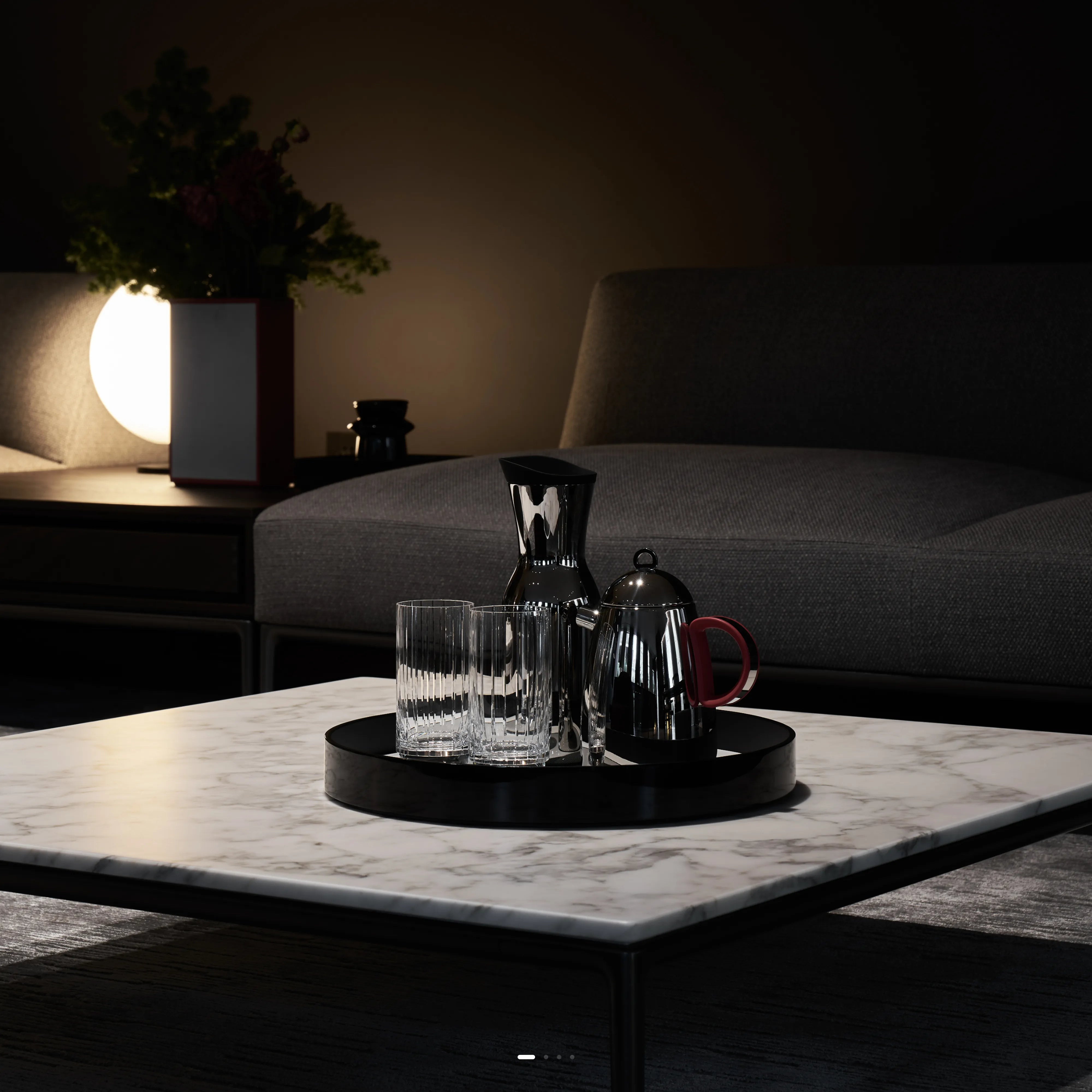 Dim light close-up still shot of RESONG HOME GENTLEMAN stainless steel water carafe & vertical ribbed glass tumblers set laid on SHEDI black round serving tray, matched with OPTICAL ART lacquer flower vase with green foliage, styled on white marble coffee table