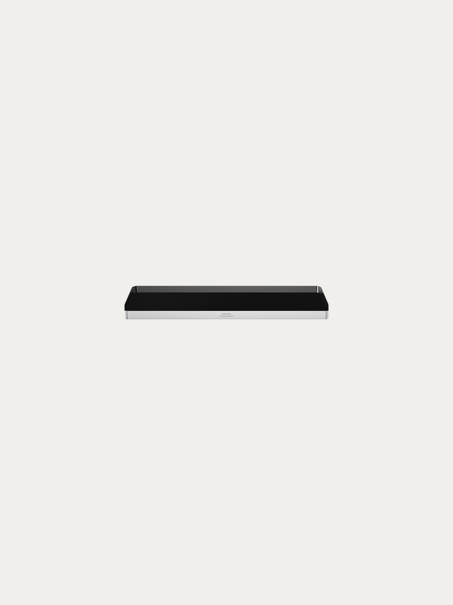RESONG HD Polished Jet Black Tray L official shot on plain off-white background, double-layer composite design, outer frame with 8K mirror high-polish 304 stainless steel, inner tempered jet black mirror glass, lengthened rounded-corner large-capacity multi-purpose display tray
