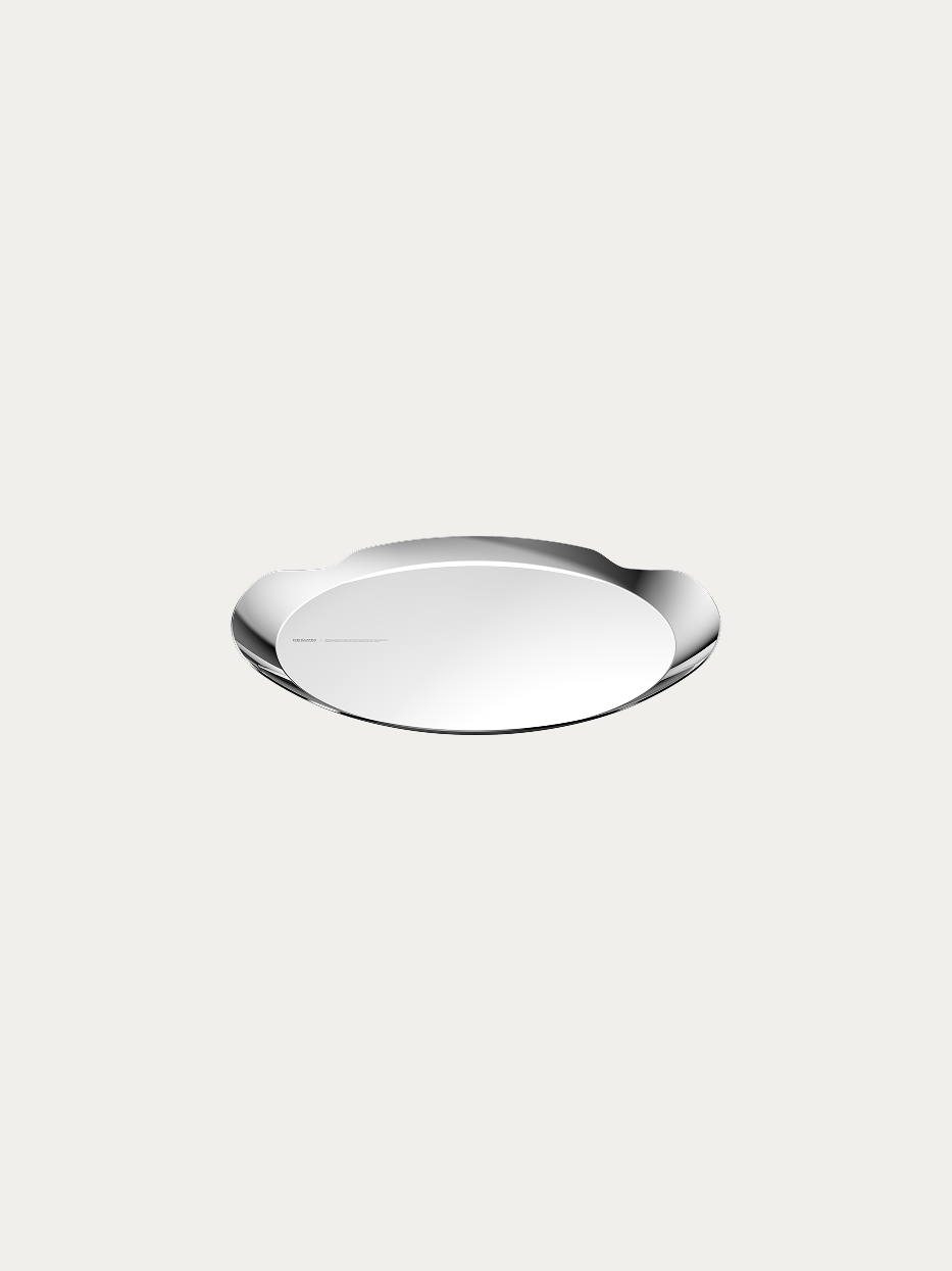 RESONG HD Round Tray with Handle S official shot on plain off-white background, one-piece stretched multi-layer mirror high-polish 304 stainless steel, symmetrical curved built-in handles on both sides, shallow round multi-purpose light luxury display tray