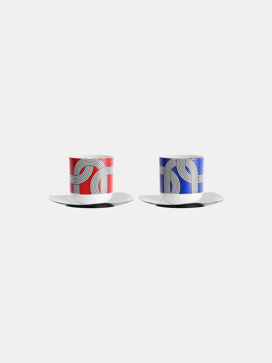 RESONG HOME ALK Ceramic Cup & Saucer Set - A, two-piece set including red geometric print cup and blue geometric print cup with irregular polished metal saucers, official product shot on plain off-white background