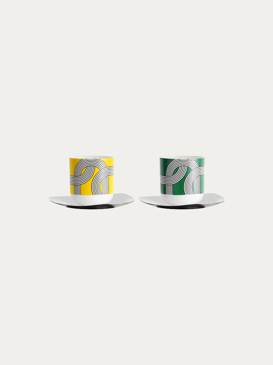 RESONG HOME ALK Ceramic Cup & Saucer Set - B, two-piece set with yellow geometric print cup and green geometric print cup, matched with irregular polished metal saucers, official product photo on plain off-white background