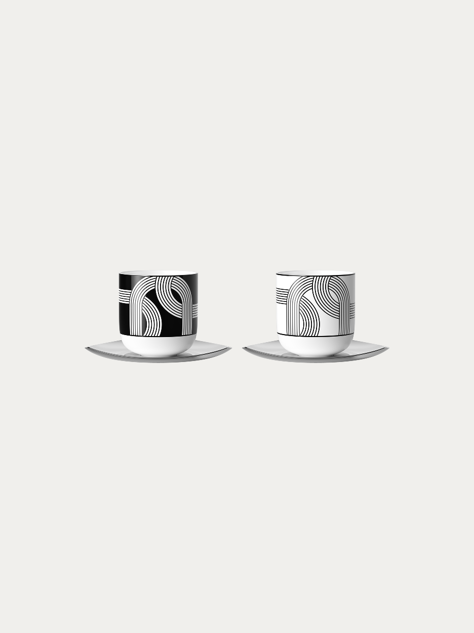 RESONG HOME ALK Ceramic Cup & Saucer Set - C, two-piece set including solid black geometric print cup and solid white geometric print cup with irregular polished metal saucers, official product photo on plain off-white background