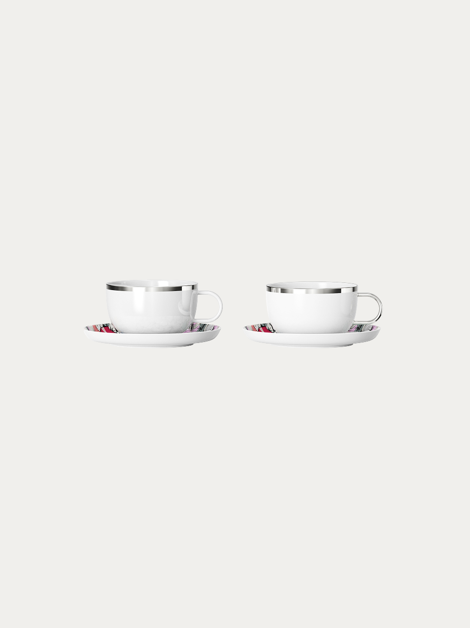 RESONG HOME BUTTERFLY WHISPER Teapot Set, two ceramic tea cups and matching floral printed saucers with silver rim, official product photo on plain off-white background