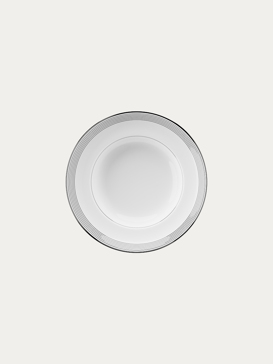 RESONG HOME ERYA Ceramic Deep Plate (Black), deep curved soup & pasta bowl made of glossy high-temperature white porcelain, decorated with gradient black-silver concentric fine lines and thin silver rim, official product photo on plain off-white background