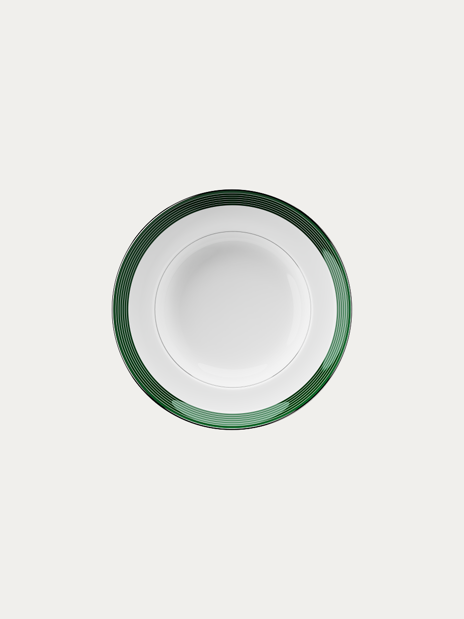 RESONG HOME ERYA Ceramic Deep Plate (Green), deep curved soup plate crafted from high-temperature white porcelain, decorated with gradient green concentric stripes and thin silver rim, official product photo on plain off-white background