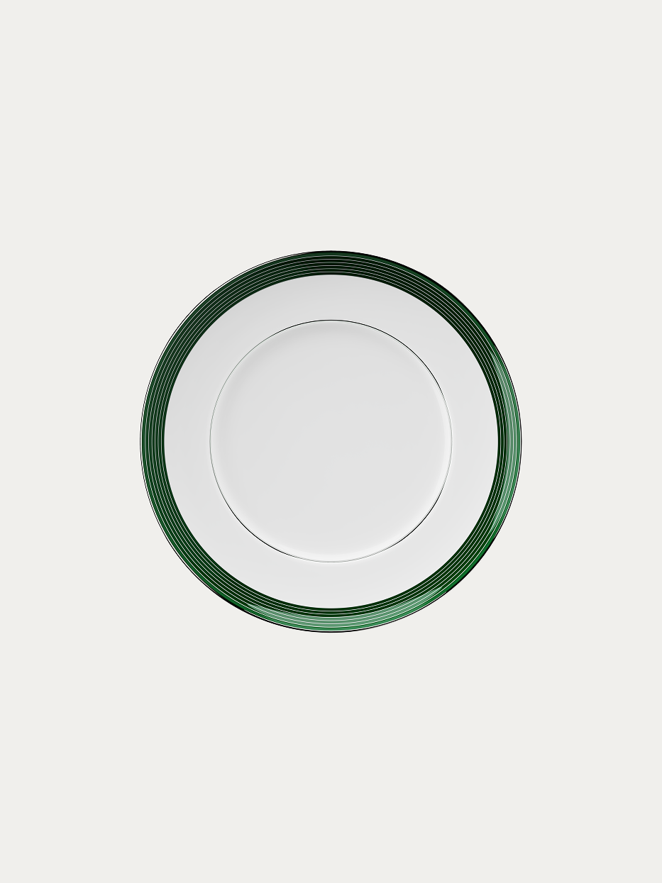 RESONG HOME ERYA Ceramic Flat Plate - L (Green), large round flat plate made of high-temperature white porcelain, decorated with gradient green concentric stripes and thin silver rim, official product photo on plain off-white background