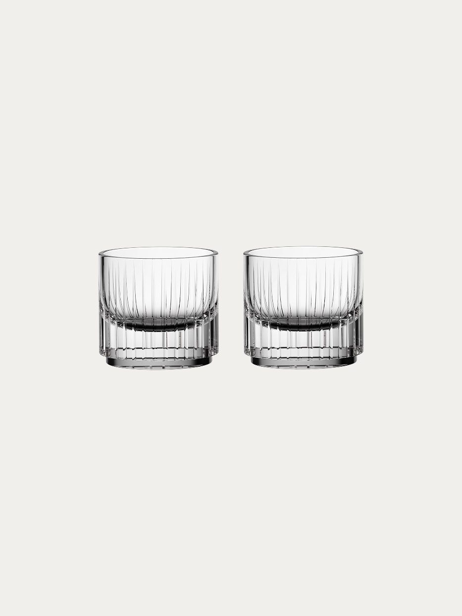 RESONG HOME FILO Whiskey Glass (Pair), hand carved double vertical fluted crystal old fashioned tumbler set of 2, thick weighted base lowball glass for scotch, bourbon & neat spirits