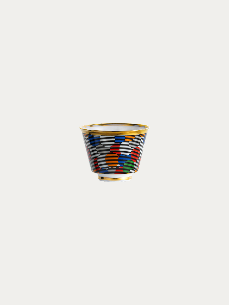RESONG HOME GUOYUE Ceramic Cup (Composition), single bone china cup with colorful dot and stripe geometric pattern, double gold trim on rim and base, official product photo on plain off-white background