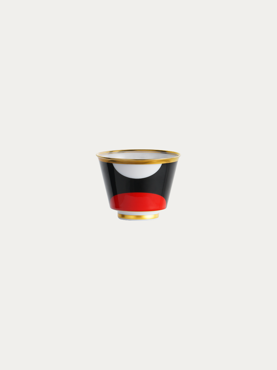 RESONG HOME GUOYUE Ceramic Cup (Sunrise), single bone china cup with black-white-red geometric block pattern, double gold trim on rim and base, official product photo on plain off-white background