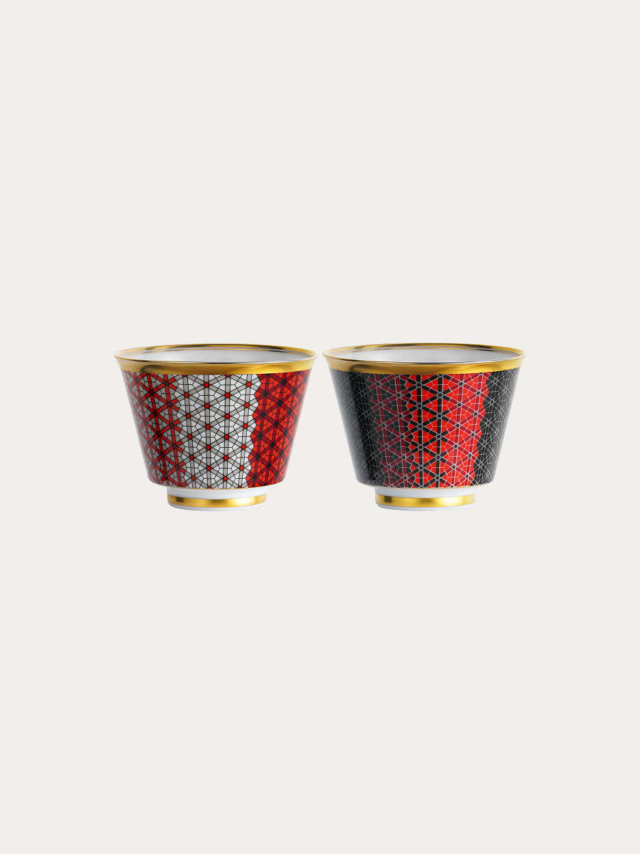 RESONG HOME GUOYUE Ceramic Cup Set (Gradient/ Black & White), two-piece set including gradient red-white grid cup and black-red grid cup, double gold trim on rim and base, official product photo on plain off-white background
