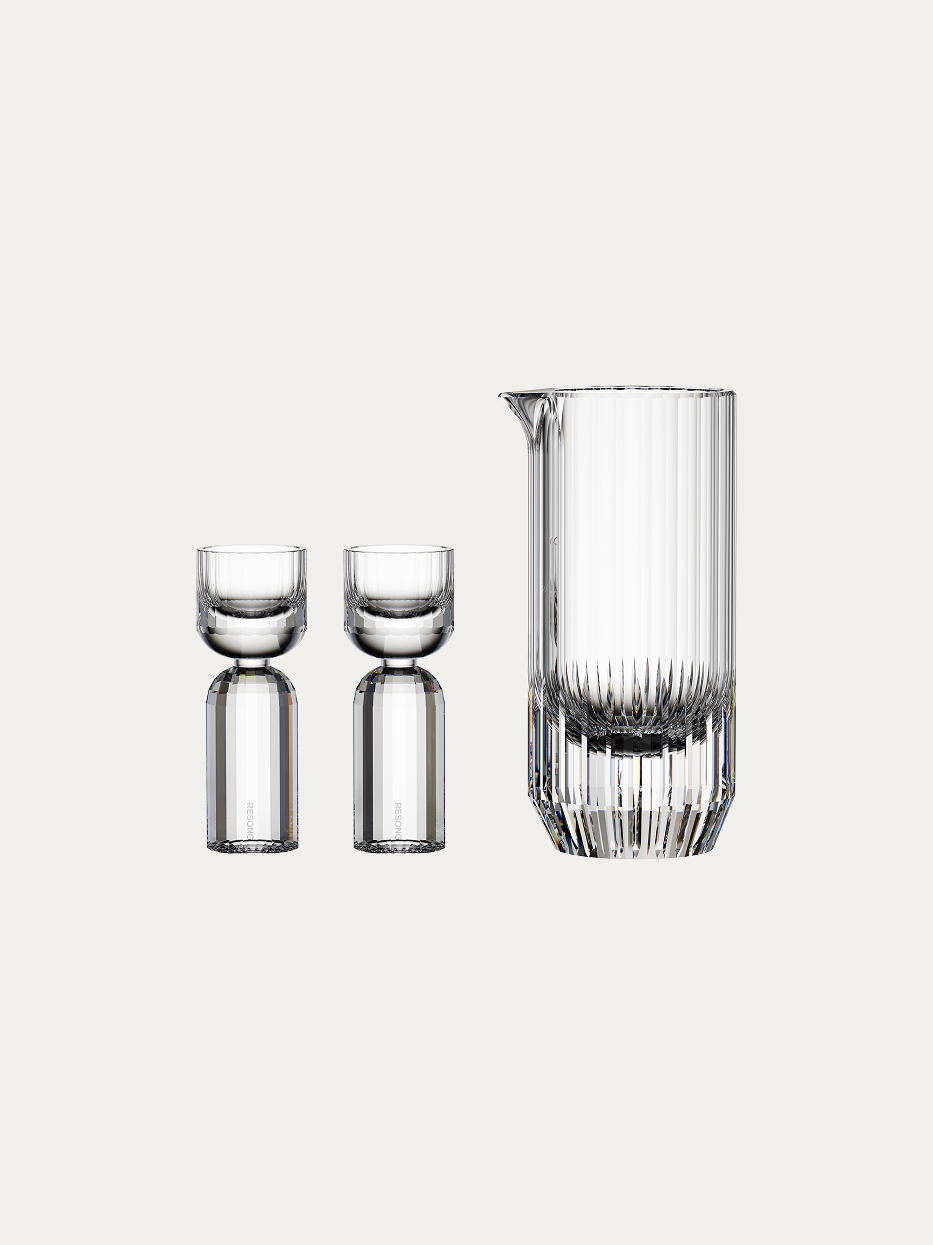 RESONG HOME HAOYING Baijiu Set (Crystal Clear), complete vertical hand cut crystal liquor serving set with pitcher decanter + 2 dual-layer shot glasses, plain off-white background official product photo