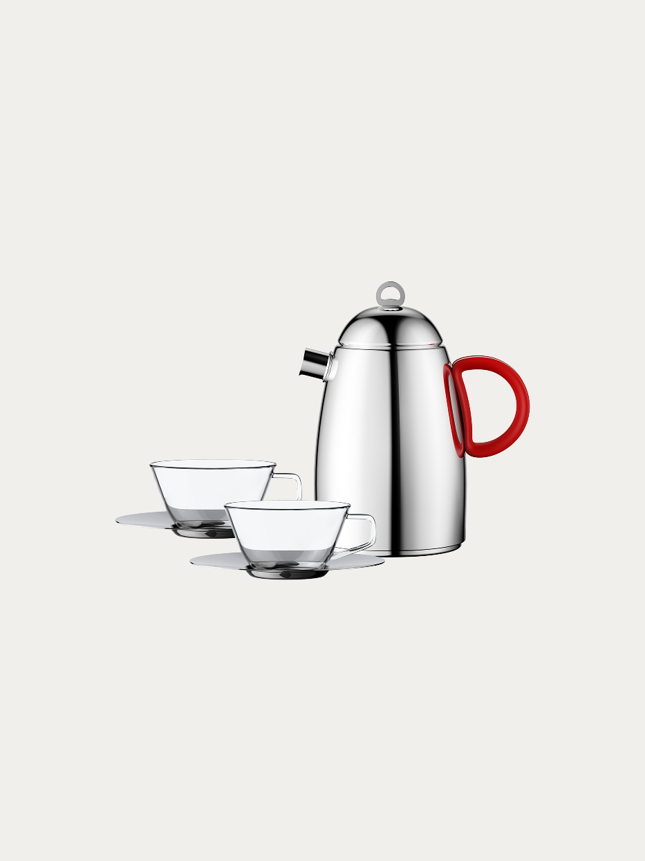 RESONG HOME KELUO Cup & Saucer Set, full serving set includes red handle stainless steel pot plus two transparent glass cups with metal saucers, official product photo on plain off-white background