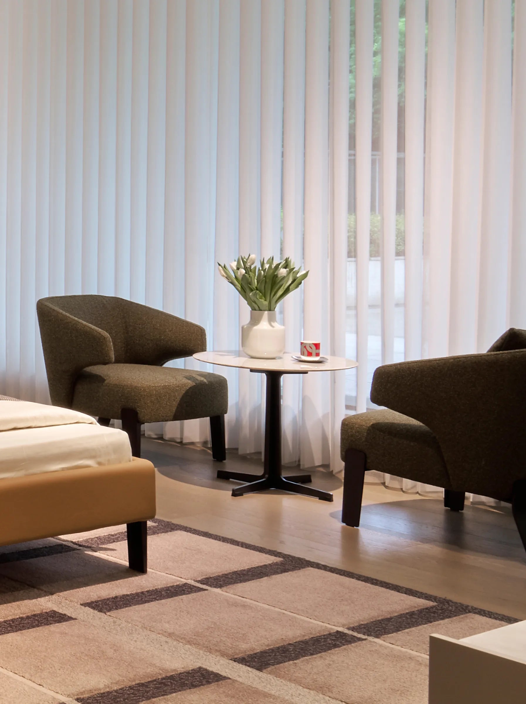 RESONG HOME Minimalist Vase A (White) and ALK Drinkware Set - B displayed in a contemporary bedroom lounge corner with elegant modern styling.