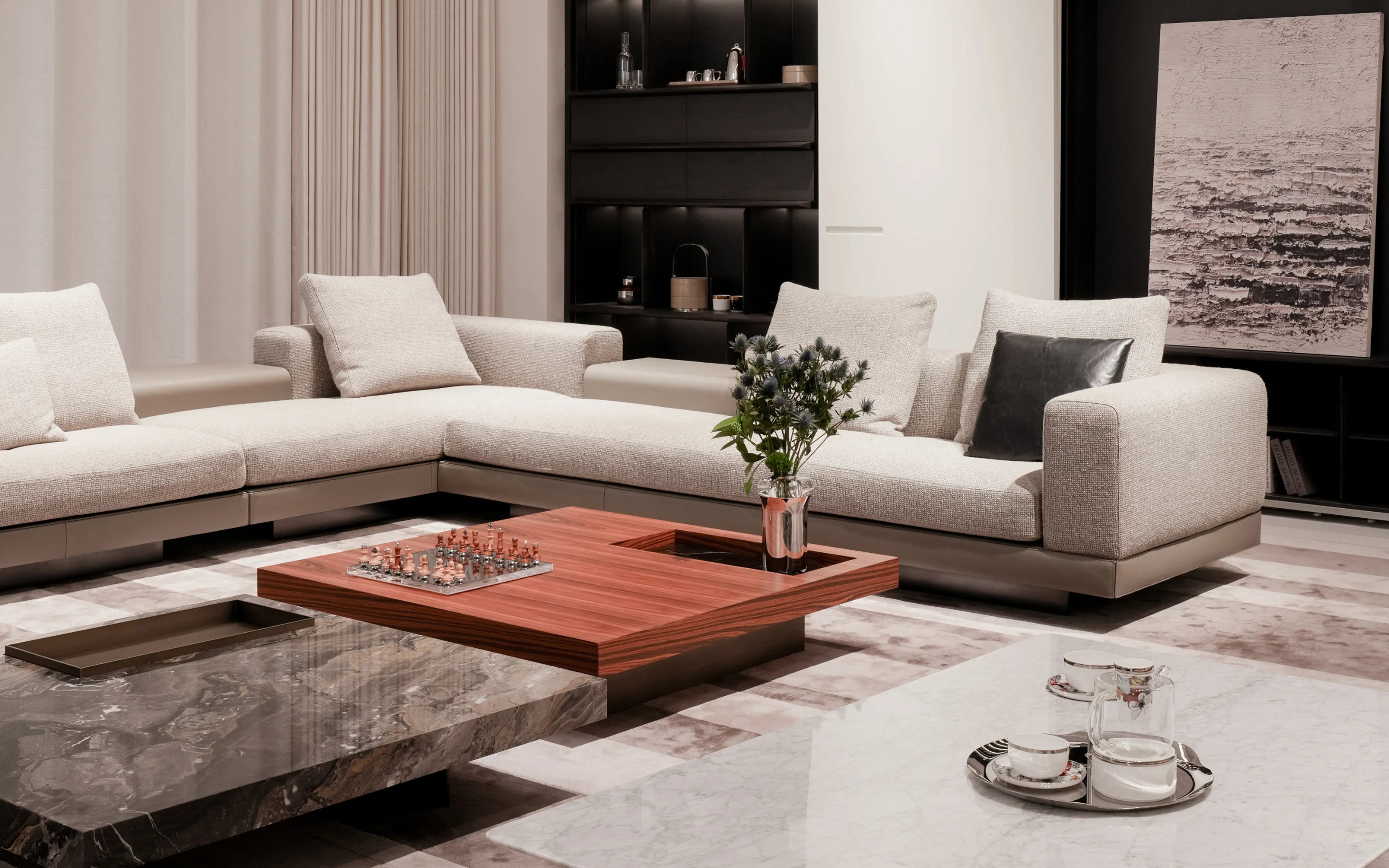 RESONG HOME modern living room featuring the BUTTERFLY WHISPER Teapot Collection, HD Stainless Steel Collection tray, TORY International Chess, SHEDI Double-Wall Vase, POP Collection porcelain cups and DRAGONFLY Storage Collection in a contemporary luxury interior.