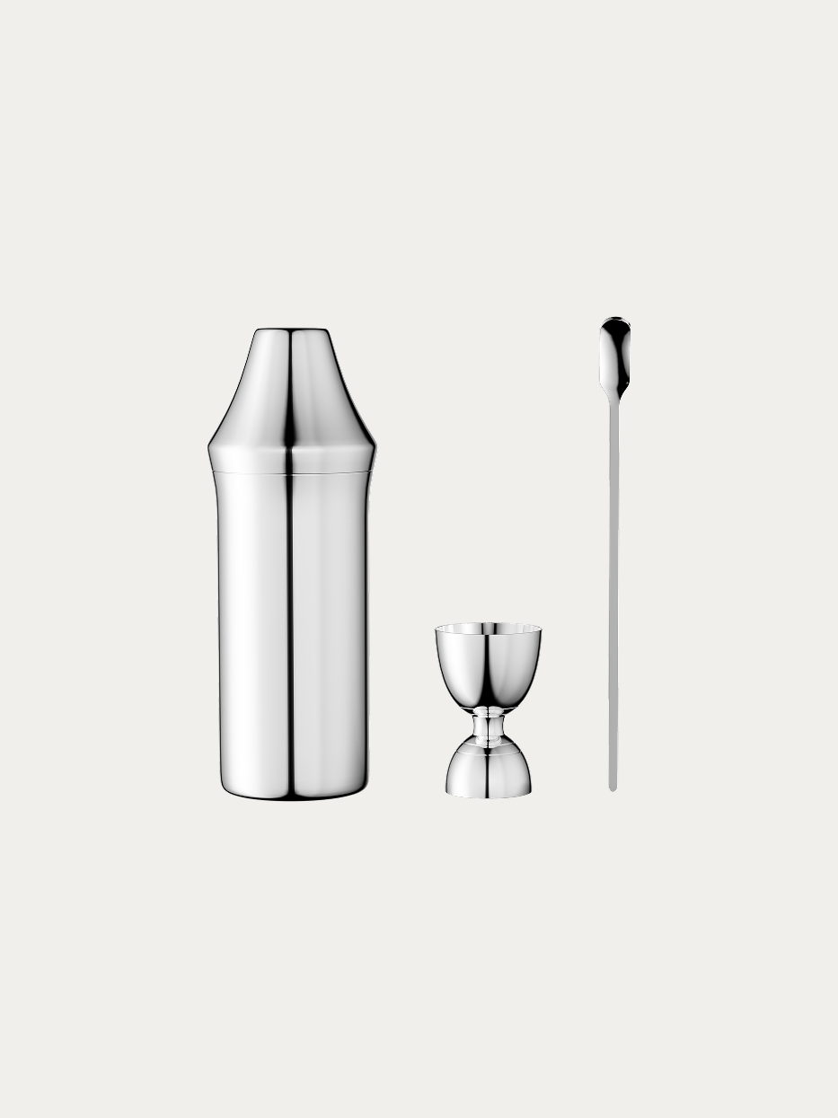 RESONG HOME SHEDI Cocktail Shaker Set, three-piece bar tool set with 304 stainless steel mirror finish shaker, double jigger and long bar spoon, sleek tapered design, official product photo on plain off-white background