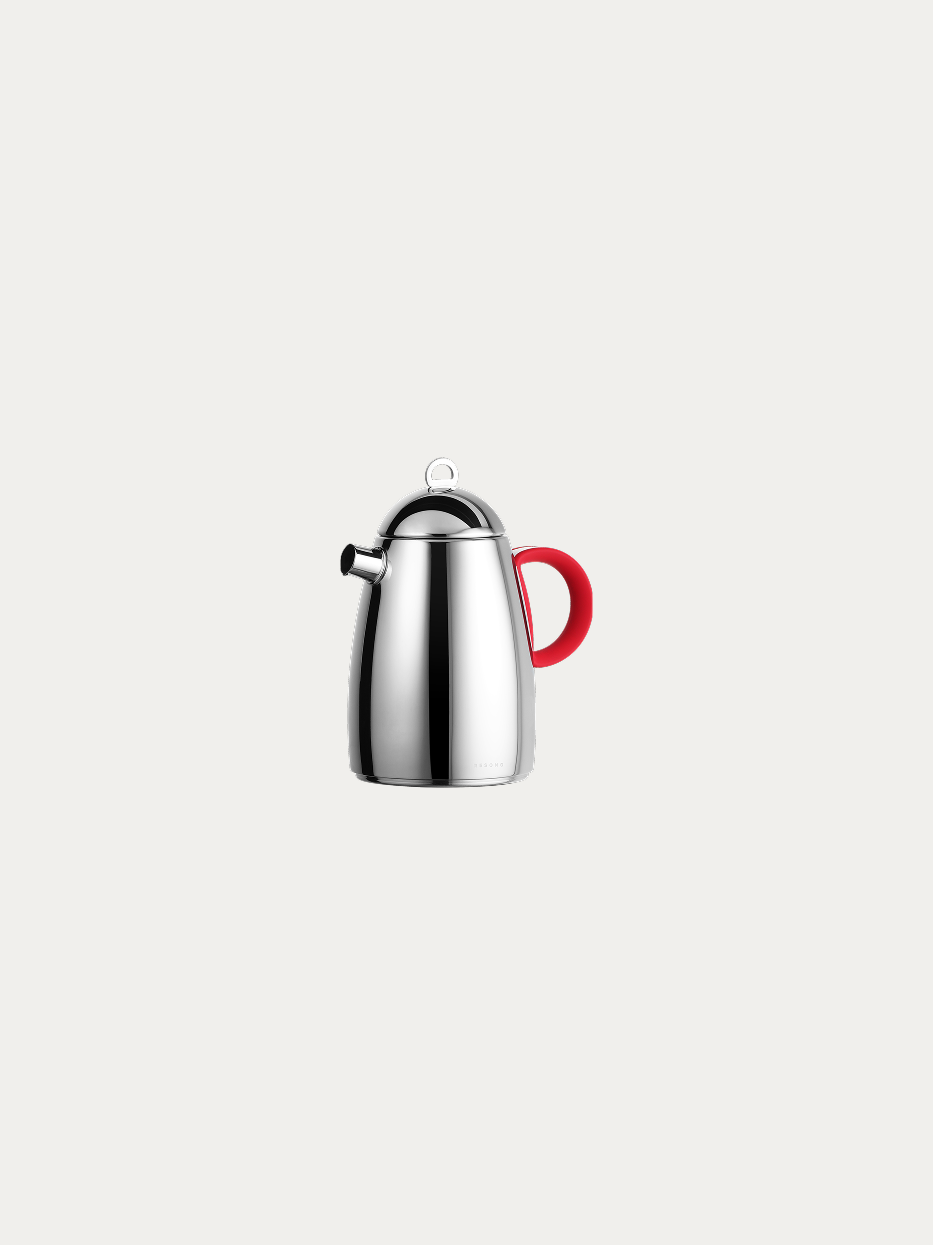 RESONG HOME SHEDI Red Handle Teapot - S, mini teapot with mirror polished 304 stainless steel body, matte food-grade silicone red handle, tapered shape with ring lid, official product photo on plain off-white background