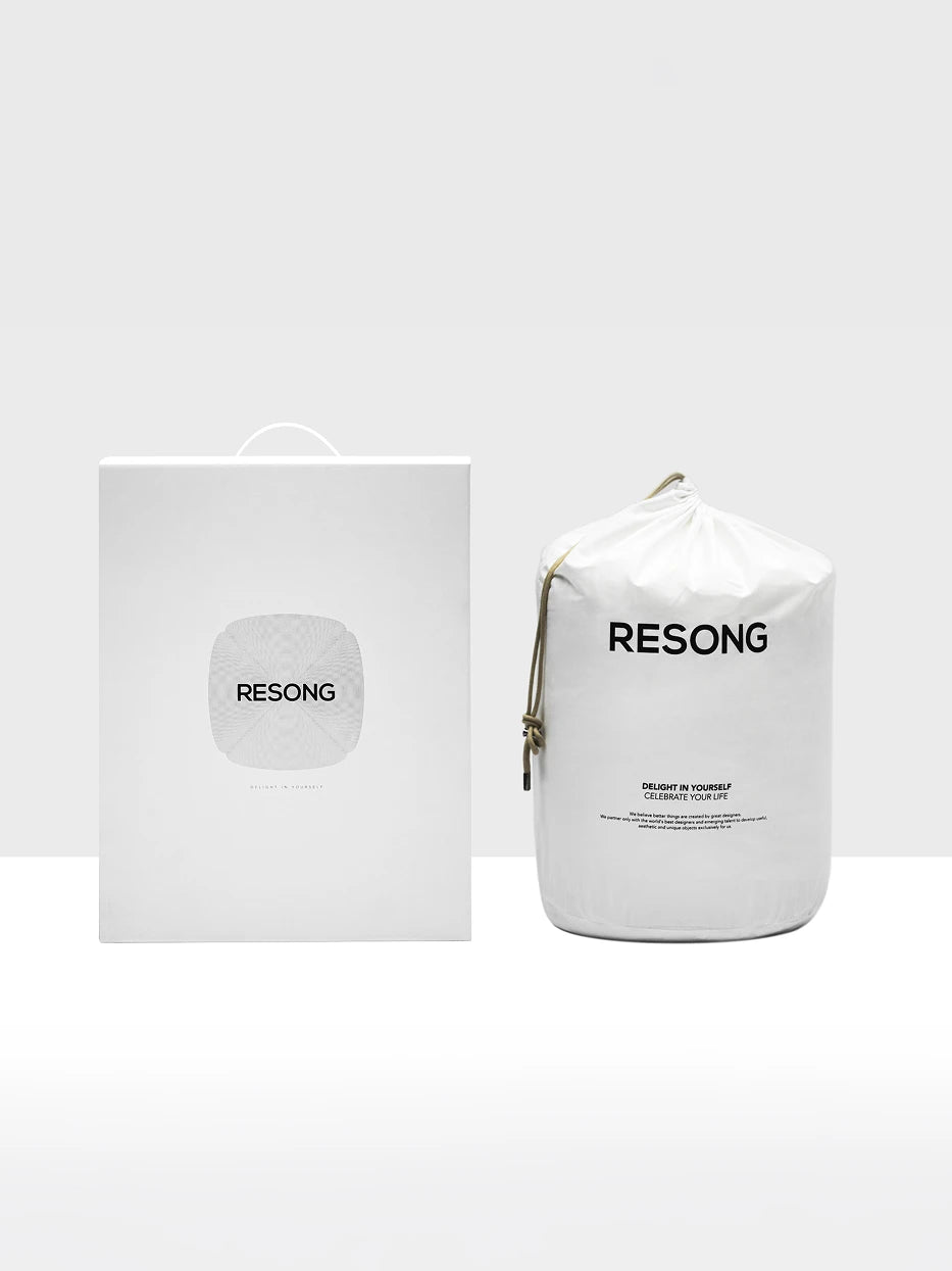 Packaging display of original RESONG gift paper box & drawstring storage bag for ICELAND L-size summer duvet, minimalist black-white brand printing, premium package for daily use & gifting