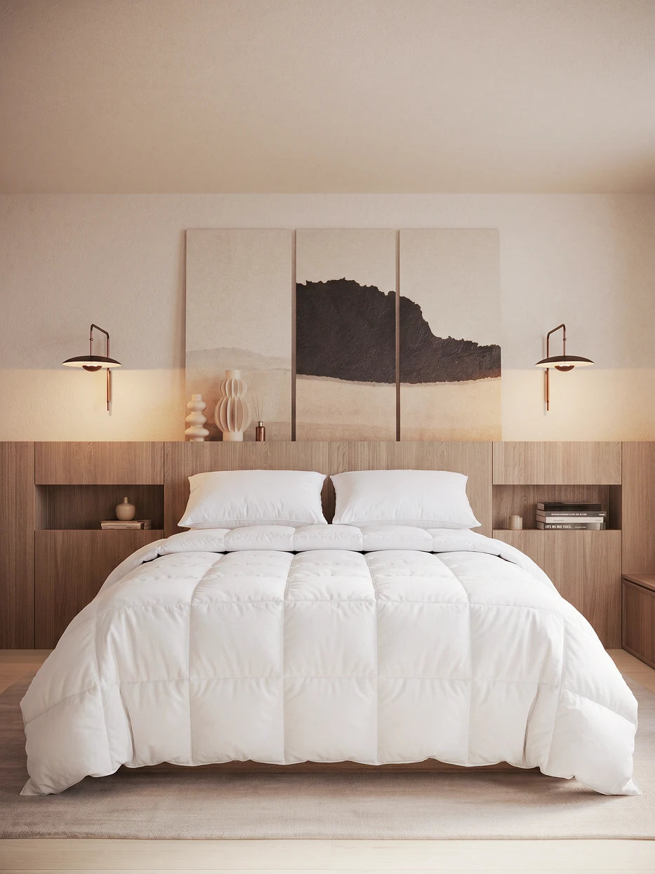 Wabi wood-panel bedroom furnishing full view shot of ICELAND white oversized L-size winter down duvet with abstract triptych wall art