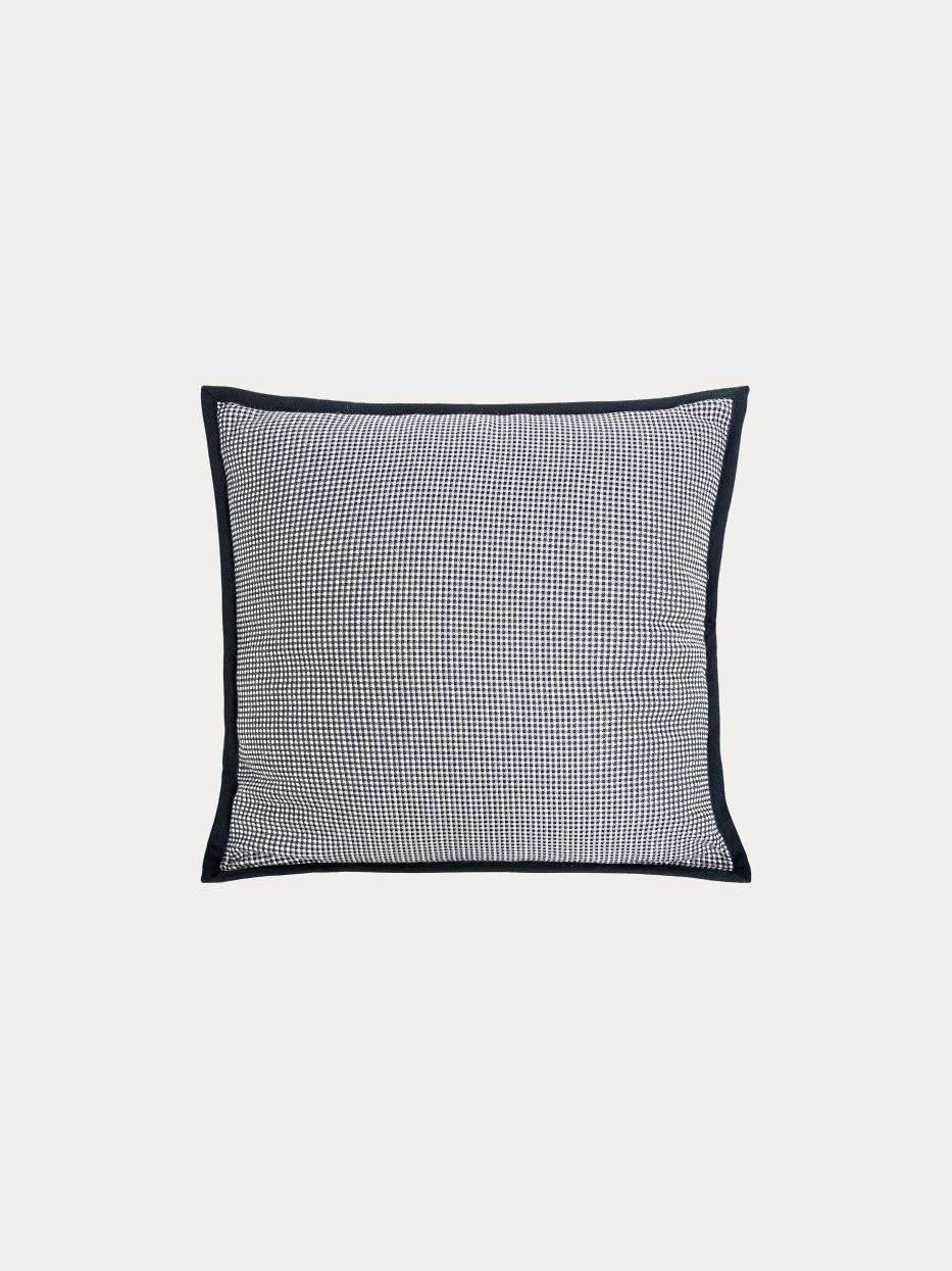 Official flat lay product shot of LUODI black white check cashmere cushion on pure off-white background, square 450x450 cushion with delicate tiny check woven texture, full black contrast finished edge, cover blended fabric of 20% wool and 80% viscose, filled with 100% natural goose down slices, silky soft multi-purpose decorative cushion, ideal for sofa, bed head, window bench, lounge chair, fits modern light luxury, retro, minimalist, dark tone interior decor