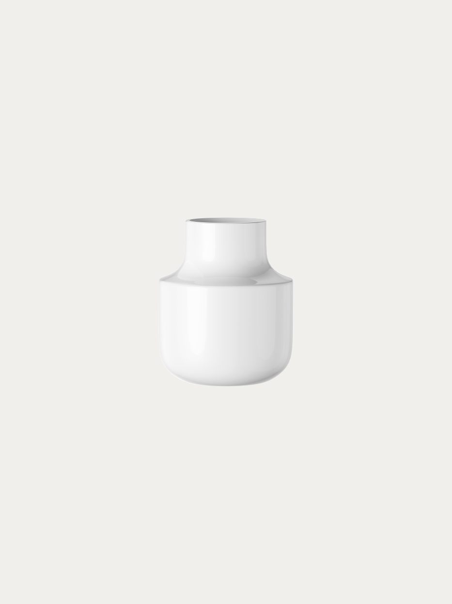 Official product shot of white minimalist vase B on pure off-white background, wide round full barrel body with short flared straight neck, smooth integrated hand-blown curved surface, large-capacity pure white minimalist artistic vase