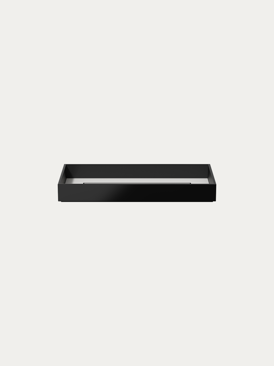 RESONG OPTICAL ART Black Long Tray official shot on plain off-white background, horizontal long shallow box shape, full glossy solid black lacquer outer rim, symmetrical herringbone anti-slip texture inside, minimalist long strip storage tray