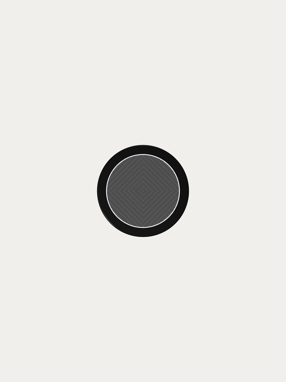 ESONG OPTICAL ART Round Coaster Black official shot on plain off-white background, round monolithic synthetic resin coaster with glossy black outer rim, symmetrical herringbone fine texture inside, minimalist geometric heat-insulating coaster