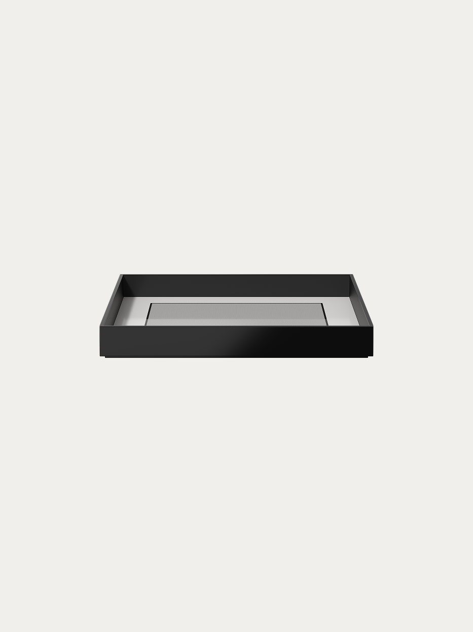 RESONG OPTICAL ART Large Black Square Tray official shot on plain off-white background, wide large-capacity shallow square basin shape, full glossy solid black lacquer outer frame, symmetrical herringbone anti-slip texture on inner base, minimalist geometric large storage tray