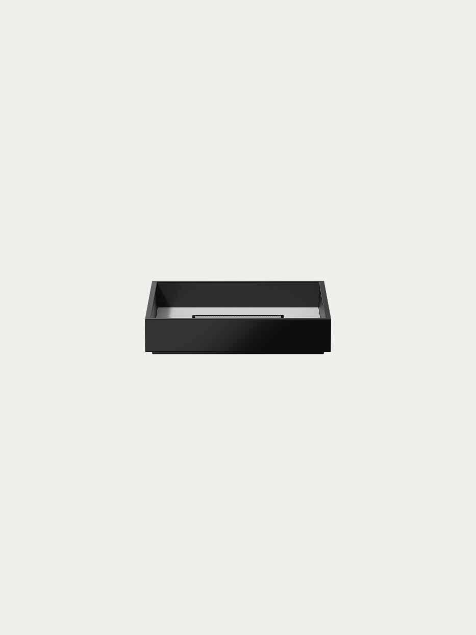 RESONG OPTICAL ART Medium Black Square Tray official shot on plain off-white background, shallow square box shape with full glossy black outer frame, symmetrical herringbone anti-slip texture inside, minimalist geometric storage tray