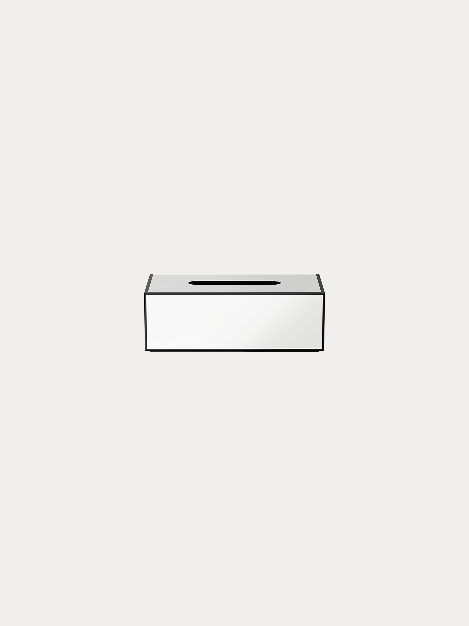 RESONG OPTICAL ART Tissue Box official shot on plain off-white background, horizontal rectangular shape with thin glossy black lacquer border, glossy white front panel, central oval tissue opening on top, minimalist geometric tissue storage box