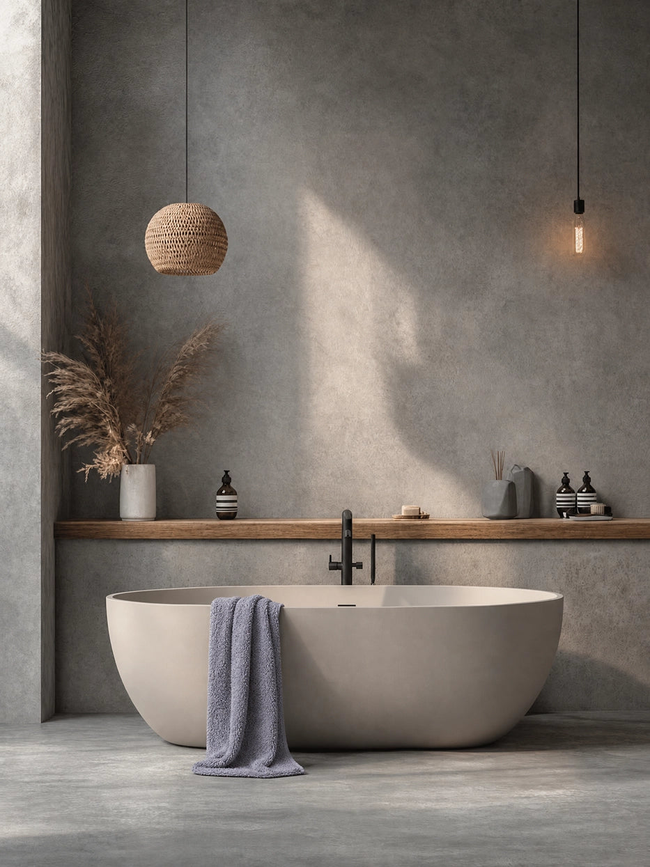 Wabi-sabi micro-concrete bathroom scene shot with oval bathtub, gray R Collection cotton bath towel draped over bathtub edge, matched with wooden counter and dried flower decor, soft light creates calm neutral bathroom vibe, shows interior display matching effect