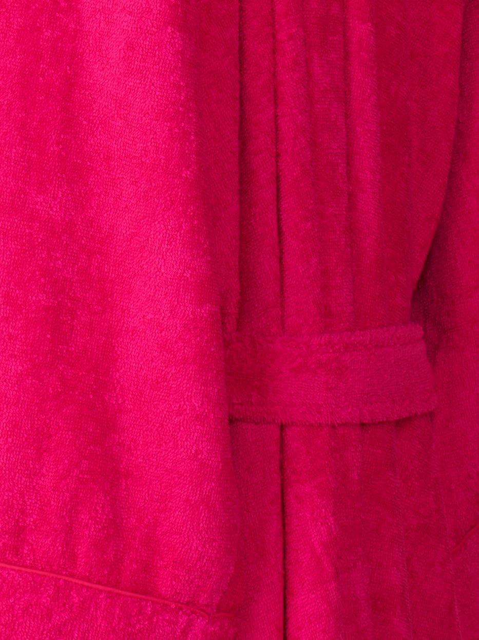 Extreme macro texture close-up of 100% cotton terry fabric of R Series bathrobe, thick full loop terry knit grain, clearly shows soft cotton touch and fast water absorption performance, dense fabric resistant to lint shedding