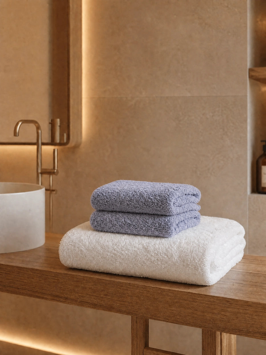 Wabi-sabi warm wood bathroom still life shot of stacked towels on beige stone countertop, soft layered contrast between grey and white, matched with dried branch decor to create neutral healing bathroom display vibe, fully shows the matching texture of full gift set