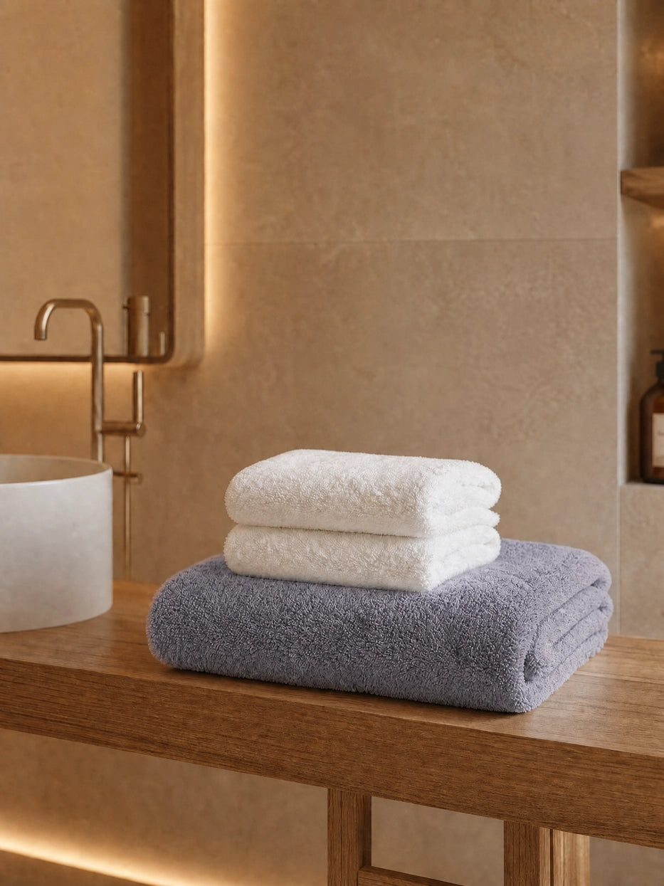 Wabi-sabi warm wood bathroom still life shot of stacked towels on beige stone countertop, soft layered contrast between white and grey, matched with linear ambient light to create calm minimalist bathroom display vibe, fully shows the matching texture of full gift set