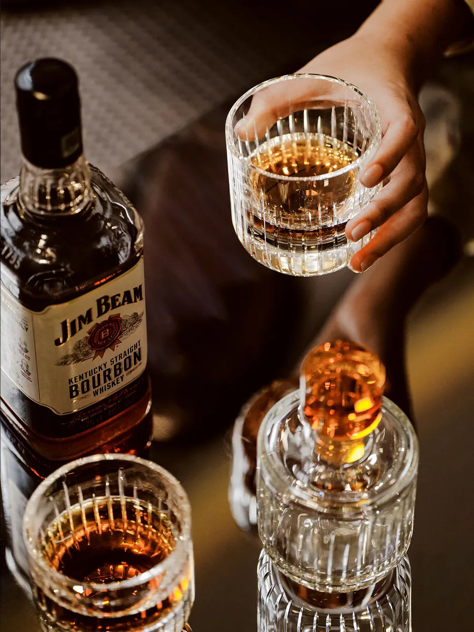 RICO Gold Whiskey Set, vertical cut crystal decanter and tumbler glasses, luxury bar accessories for bourbon, scotch