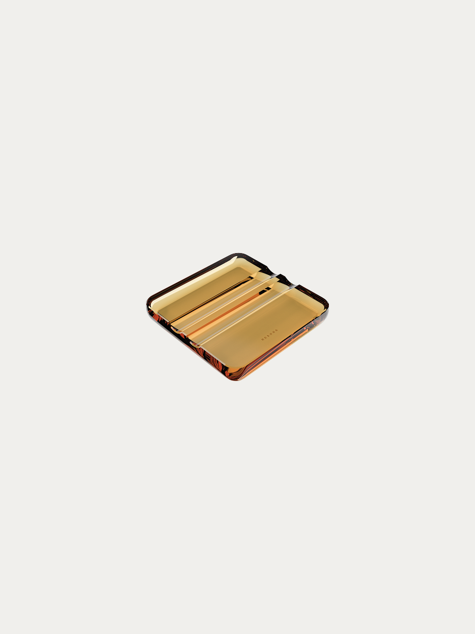 RESONG RUIYING Amber Cigar Holder official shot on plain off-white background, thickened monolithic amber crystal integrally cut & polished, double-layer rectangular dual-slot design, soft rounded edges retro luxury cigar rest tray