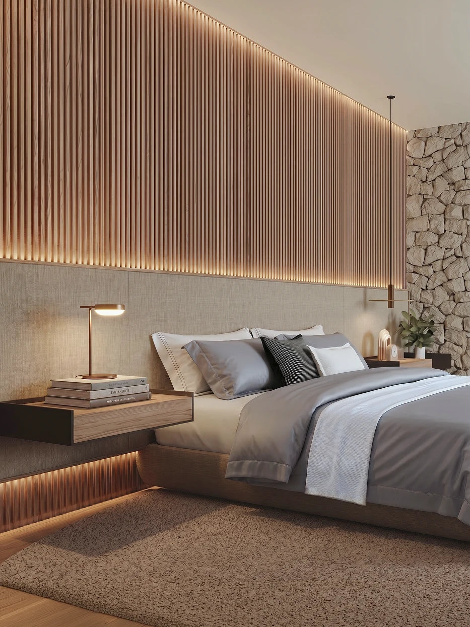 Minimalist wood-slat & stone feature wall bedroom furnishing full view shot of SHUMIAN textured gray L-size bedding set with recessed linear lighting