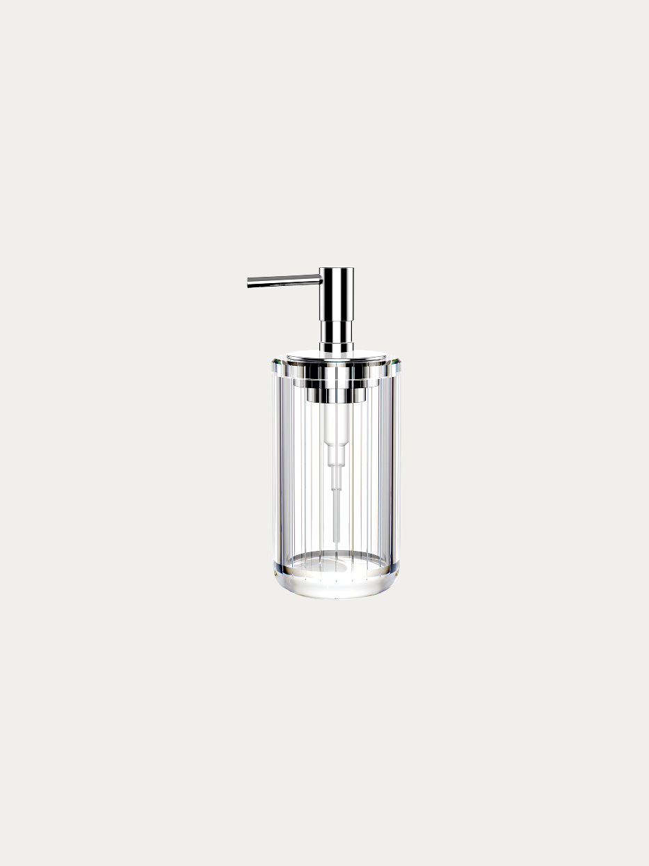 Official product shot of XUYU vertical striped crystal lotion bottle on pure off-white background, cylindrical full vertical striped transparent crystal body, matched with horizontal outlet 304 stainless steel pump head, light-luxury bathroom refill storage decorative container