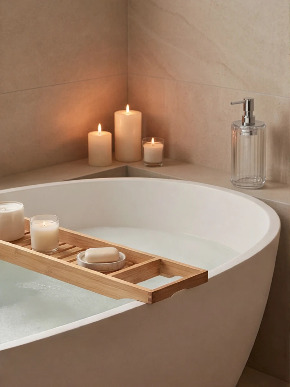 Soft spa-style bathroom furnishing shot of XUYU lotion bottle beside white freestanding bathtub with wooden bath tray & scented candles