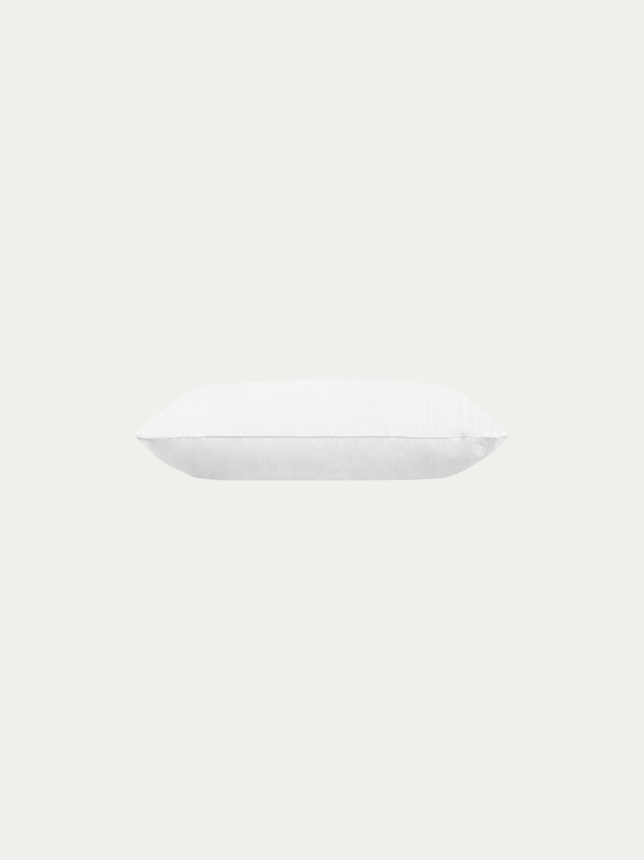 Side official shot of YUNGAN double-layer goose down pillow insert on pure off-white background, full specs: 1 pillow insert (W450mm L750mm), shell blended of 70% cotton & 30% polyester, total filling weight 1300g with 30% outer white goose down & inner feather support, balanced soft-firm neck care pillow