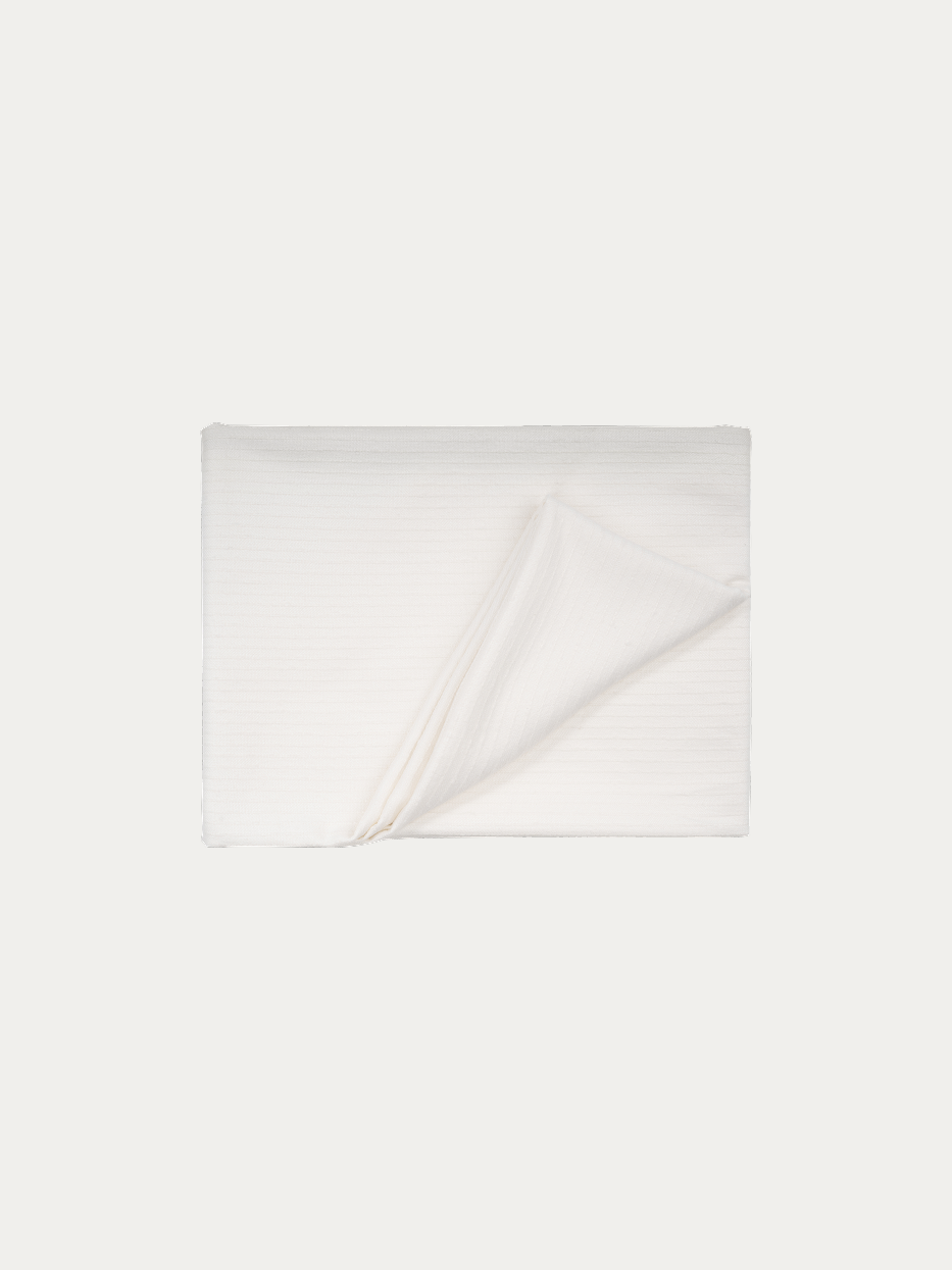Official flat lay product shot of BERLIN white stripe blanket on pure off-white background, standard 1300x2000 throw blanket with delicate vertical ribbed stripe texture, minimalist finished edge without tassel fringes, blended fabric of 12% wool,18% acrylic,viscose and polyester, soft lightweight multi-purpose decorative cover, ideal for sofa, bed end, window bench, office nap shawl, travel wrap, fits wabi-sabi, Japanese, minimalist, cream, mid-century interior decor