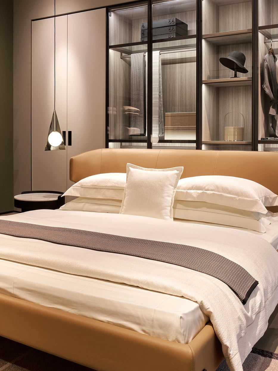 Italian minimalist full master bedroom furnishing layout shot, BERLIN white ribbed stripe cushion placed on caramel leather bed head, matched with glass walk-in cloakroom, delicate vertical stripe adds soft layered texture to plain hard interior, perfect decor for large flat apartment, villa master bedroom, homestay suite, neutral cream tone interior styling
