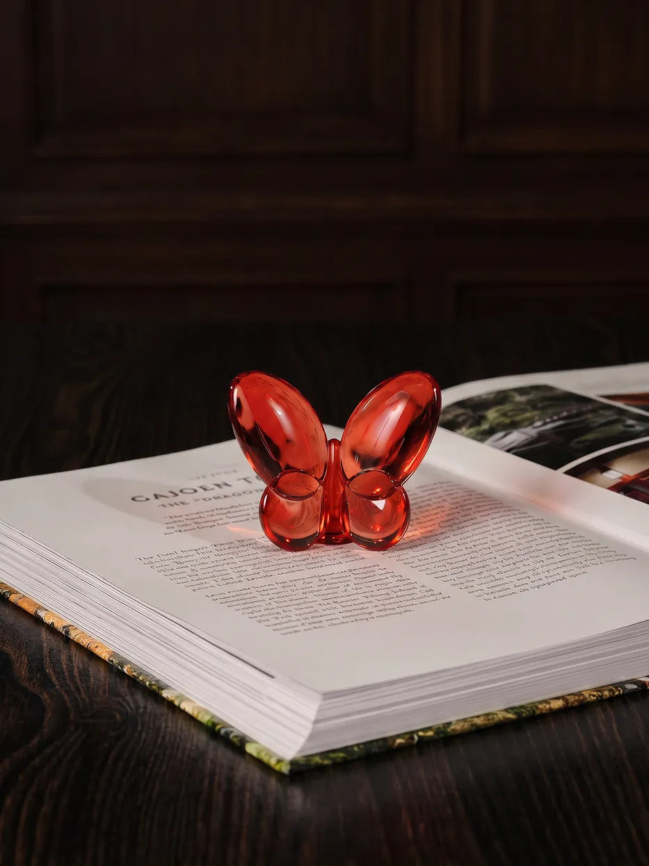 Butterfly Ornament - Red, transparent crystal butterfly decor sculpture, luxury tabletop home ornament placed on open book