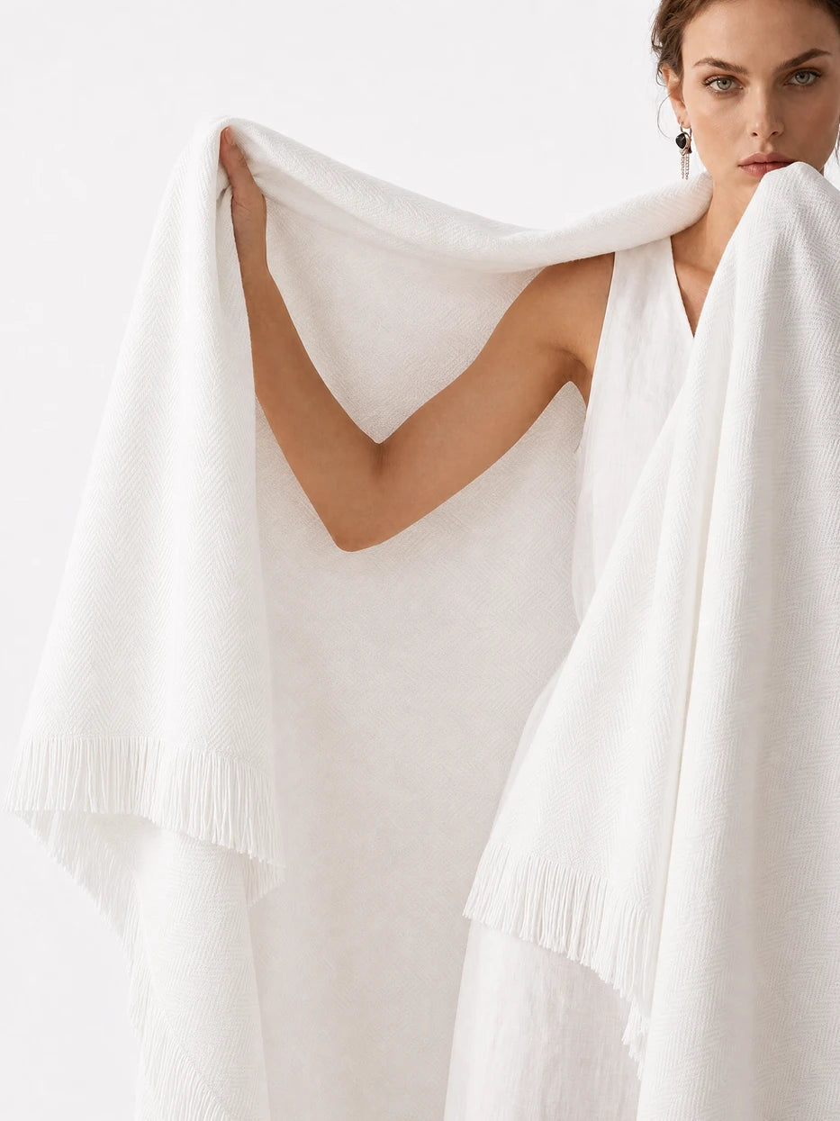 Official shot of CHENZHI white herringbone wool throw blanket with handmade tassel fringe, 1400×2200mm TENCEL blended multi-season decorative blanket for minimalist home decor