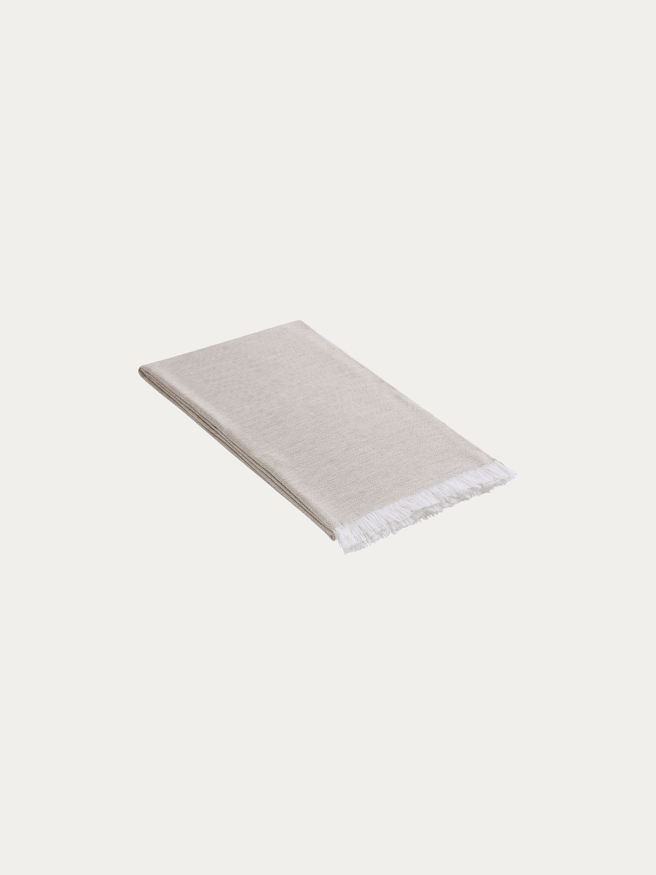 Official flat lay product shot of CHENZHI khaki wool blanket on pure off-white background, oversized 1400x2200cm throw blanket with delicate herringbone woven texture, natural handmade white tassel fringes on single edge, blended fabric of 12% linen, 28% TENCEL™, wool, nylon, acrylic and polyester, silky soft multi-purpose decorative cover, ideal for sofa, bed end, window bench, office nap shawl, travel beach wrap, fits wabi-sabi, Japanese, minimalist, cream, mid-century interior decor