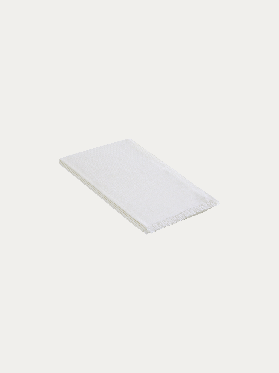 Official flat lay product shot of CHENZHI white wool blanket on pure off-white background, oversized 1400x2200cm throw blanket with delicate herringbone woven texture, natural handmade tassel fringes on single edge, blended fabric of 12% linen, 28% TENCEL™, wool, nylon, acrylic and polyester, silky soft multi-purpose decorative cover, ideal for sofa, bed end, window bench, office nap shawl, travel beach wrap, fits wabi-sabi, Japanese, minimalist, cream, mid-century interior decor