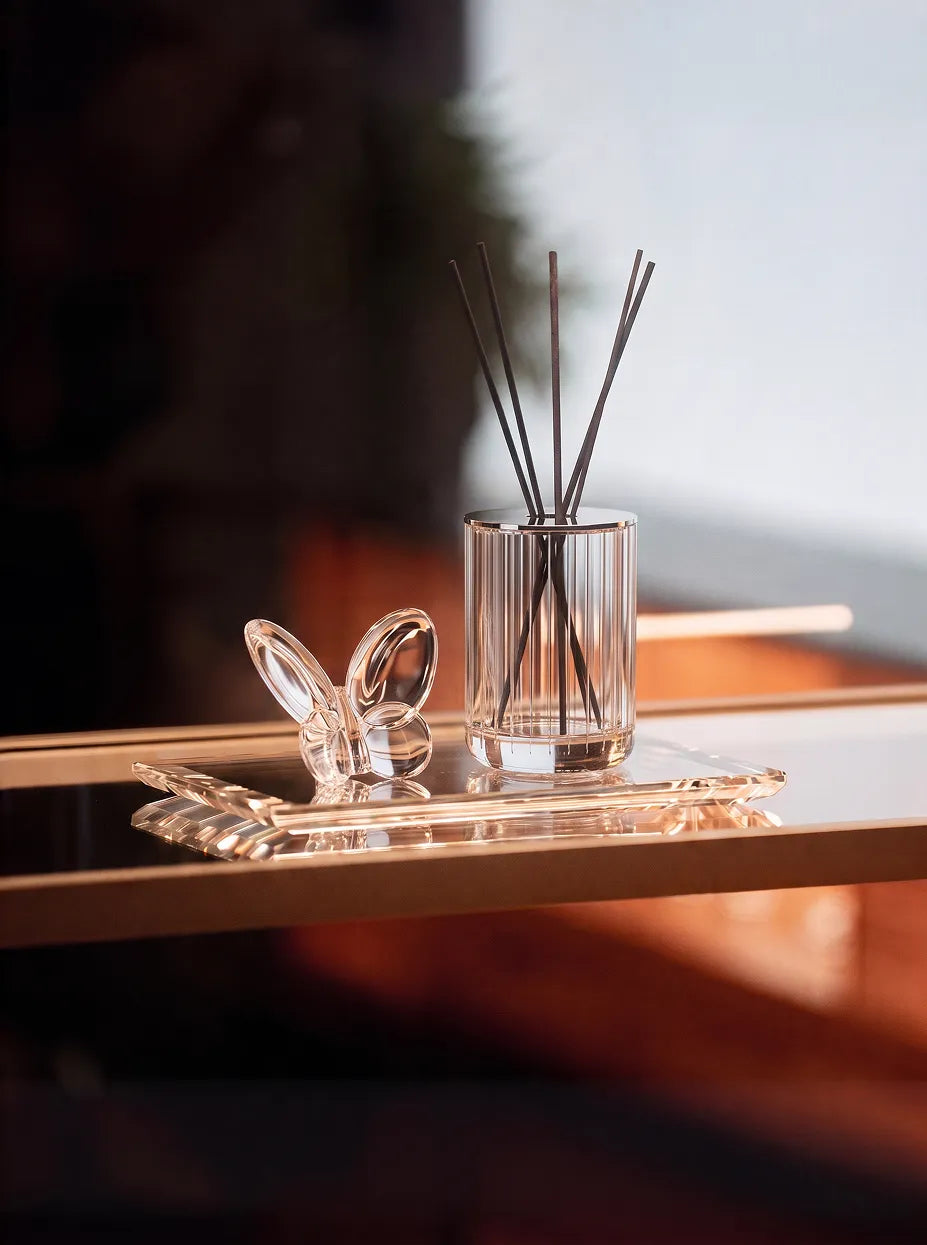 Soft minimalist display furnishing shot of clear crystal butterfly matched with striped crystal reed diffuser inside open glass cabinet