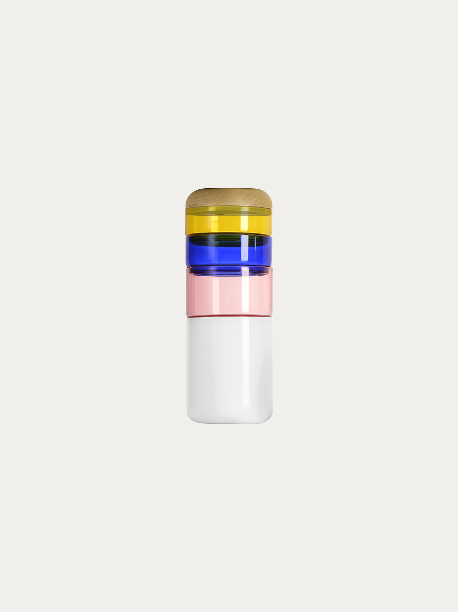 Official product shot of Color Block Vase A on pure off-white background, matte white straight base at bottom, three detachable colored glass rings (yellow, blue, pink) on upper part, matched with solid wood sealed lid, modular color-block artistic vase for flower arrangement & storage dual use